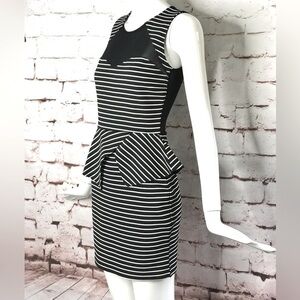 MATERIAL GIRL S Peplum Mesh Back Sleeveless Black & White Stripe Dress Small NWT